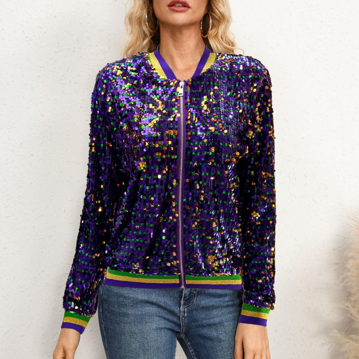 Women's Fashion Long Sleeve Sequined Trendy Baseball Uniform Jacket Cardigan Jacket