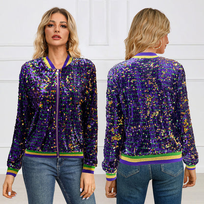 Women's Fashion Long Sleeve Sequined Trendy Baseball Uniform Jacket Cardigan Jacket