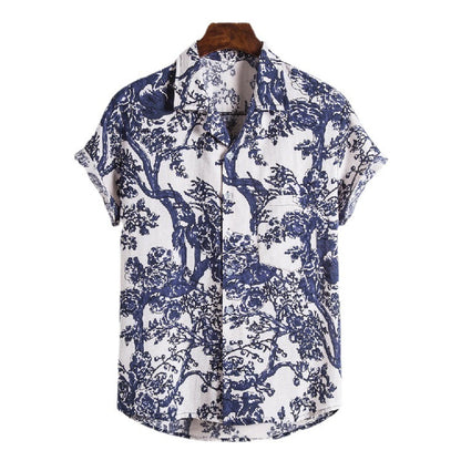 Cotton And Linen Ethnic Style Short Sleeve Plus Size Flower Shirt