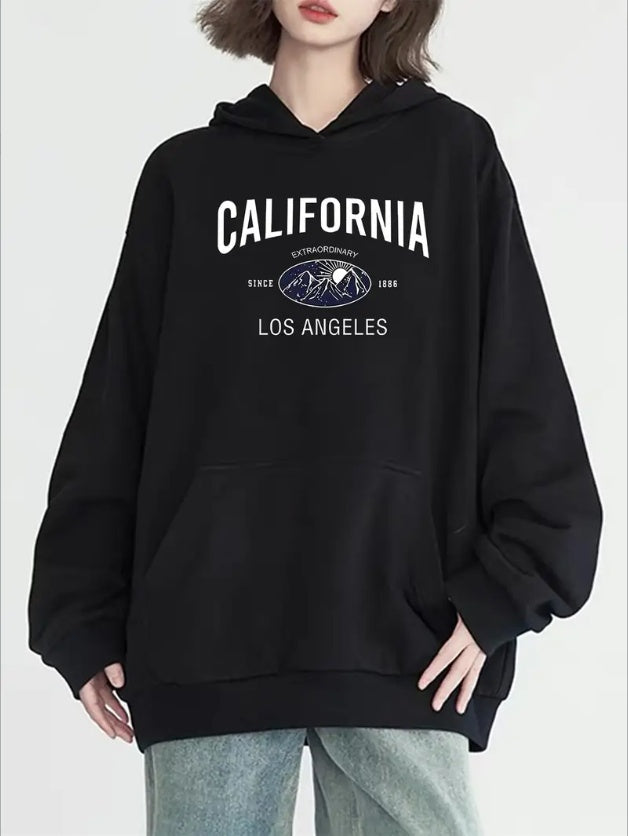 California-Inspired Graphic Hoodie With Kangaroo Pocket - Casual Long Sleeve Pullover For Women, Machine Washable