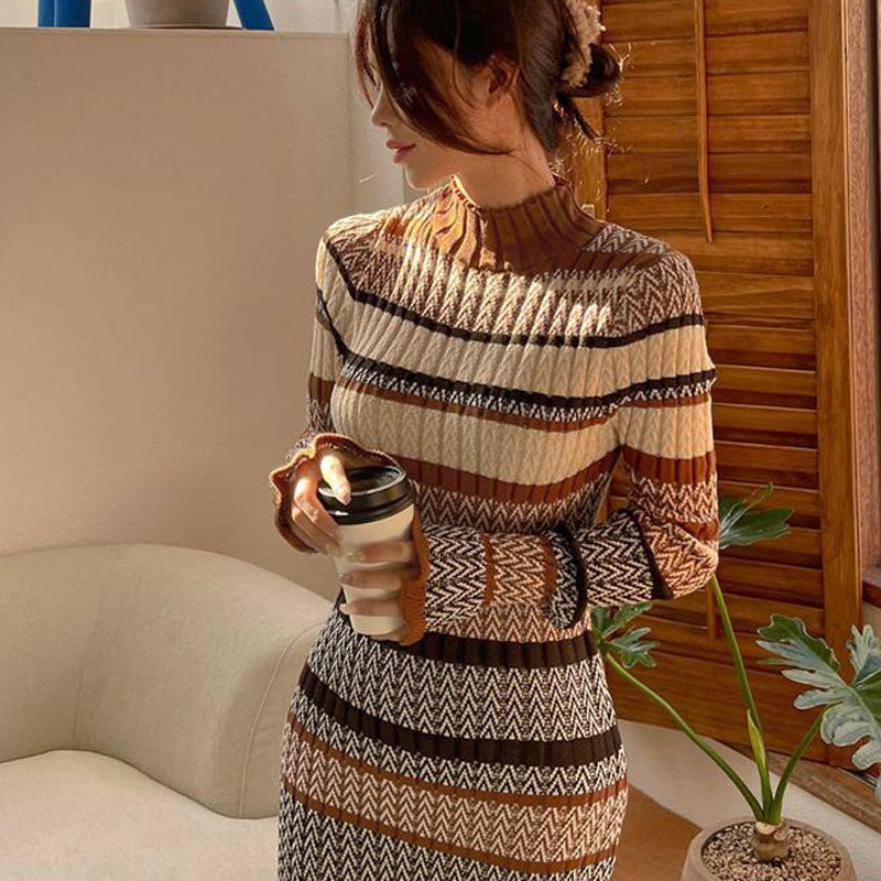 Slim Fit Long Knitted Colorblock Sweater Base Dress