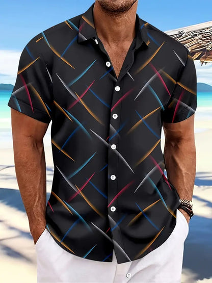 Summer New Men's Striped Feather Casual Beach Short Sleeve Button Shirt