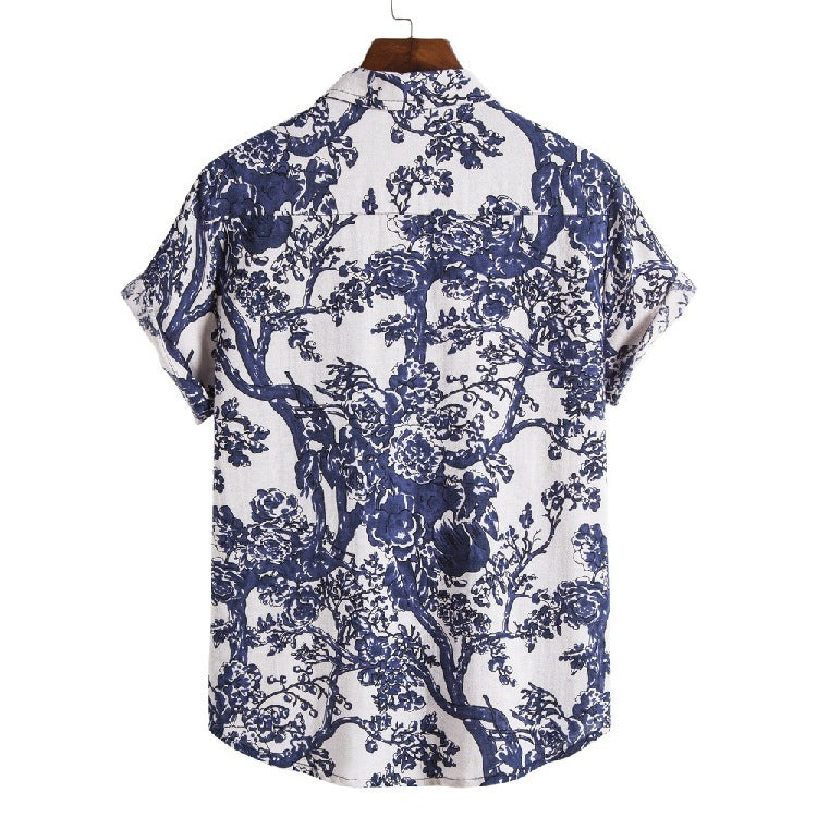 Cotton And Linen Ethnic Style Short Sleeve Plus Size Flower Shirt