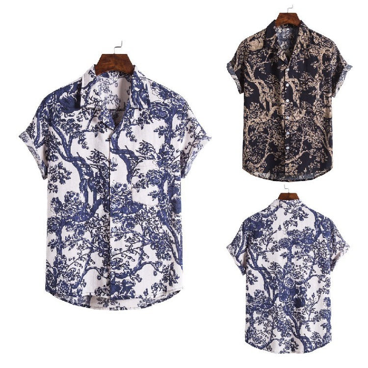 Cotton And Linen Ethnic Style Short Sleeve Plus Size Flower Shirt