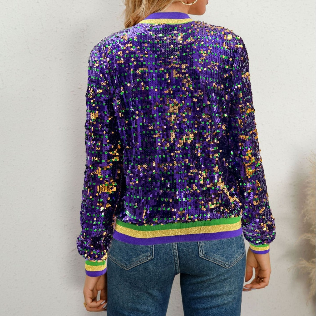 Women's Fashion Long Sleeve Sequined Trendy Baseball Uniform Jacket Cardigan Jacket