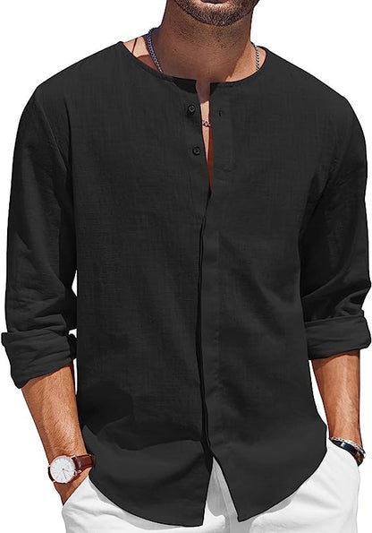 Men's Cotton Linen T-shirt Collar Decorated With Buttons Casual Beach Shirt