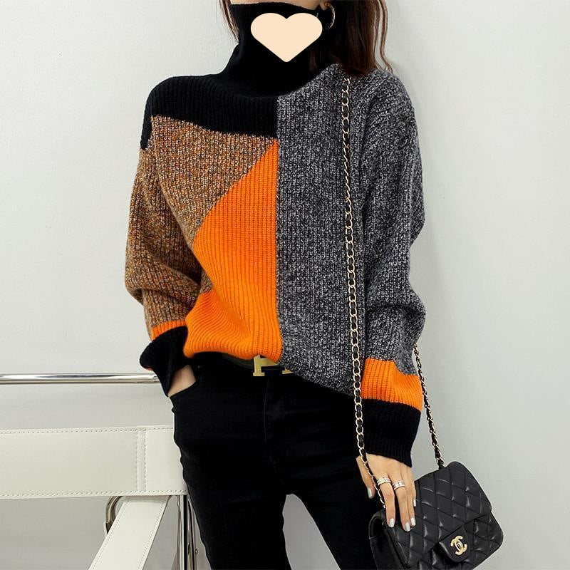 Retro Patchwork Contrast Color Turtleneck Fashionable Sweater