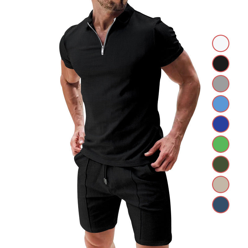 2Pcs Casual Waffle Suit Summer Zipper Lapel Short-sleeved Top And Drawstring Pockets Shorts Versatile Solid Color T-shirt Set For Mens Clothing