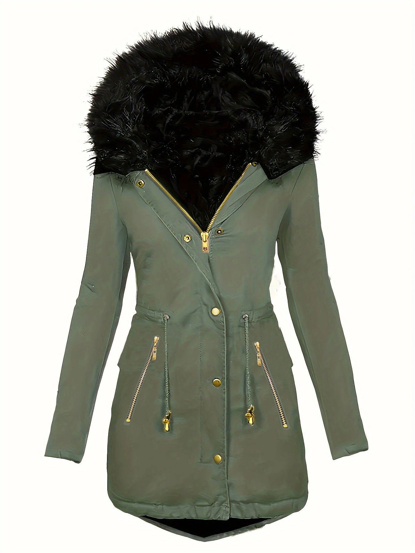 Zipper Faux Fur Decorative Hat Fur Coat Long Sleeve Oblique