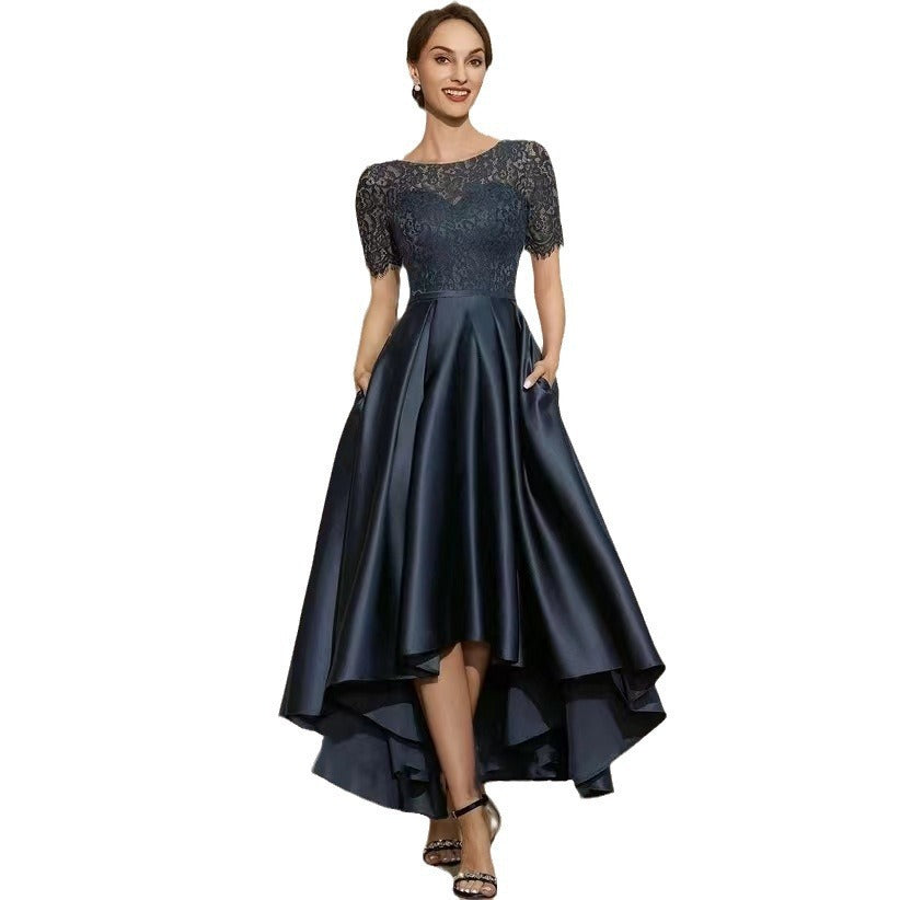 New Lace Short Front And Long Back Navy Blue Fashion Toast Party Dress