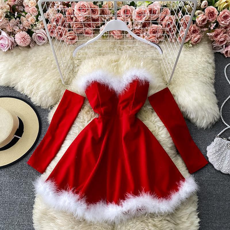 Christmas Clothing Women's Pure Desire Fur Collar Waist-tight Dress Two-piece Set