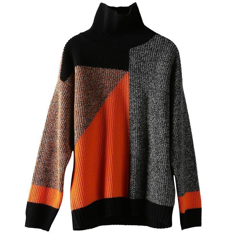 Retro Patchwork Contrast Color Turtleneck Fashionable Sweater