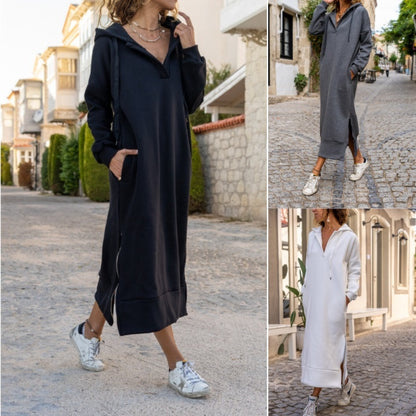 Autumn And Winter New Loose Oversized Knit Hooded Dress Fleece-lined Casual Fashion