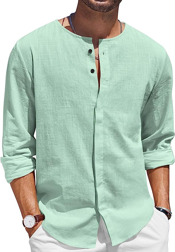 Men's Cotton Linen T-shirt Collar Decorated With Buttons Casual Beach Shirt