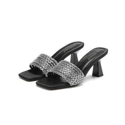 Square Toe Wine Cup Heel High Heels Rhinestone Silippers