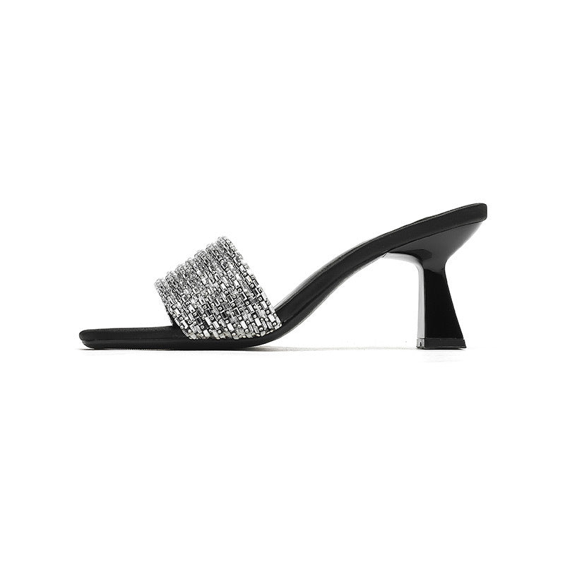 Square Toe Wine Cup Heel High Heels Rhinestone Silippers