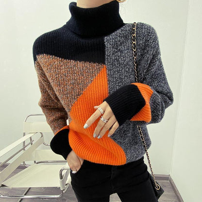 Retro Patchwork Contrast Color Turtleneck Fashionable Sweater