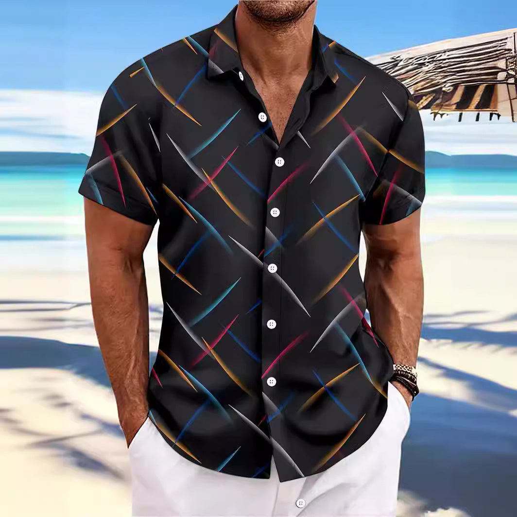 Summer New Men's Striped Feather Casual Beach Short Sleeve Button Shirt