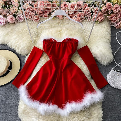 Christmas Clothing Women's Pure Desire Fur Collar Waist-tight Dress Two-piece Set