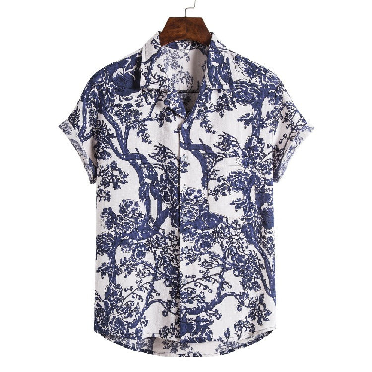 Cotton And Linen Ethnic Style Short Sleeve Plus Size Flower Shirt