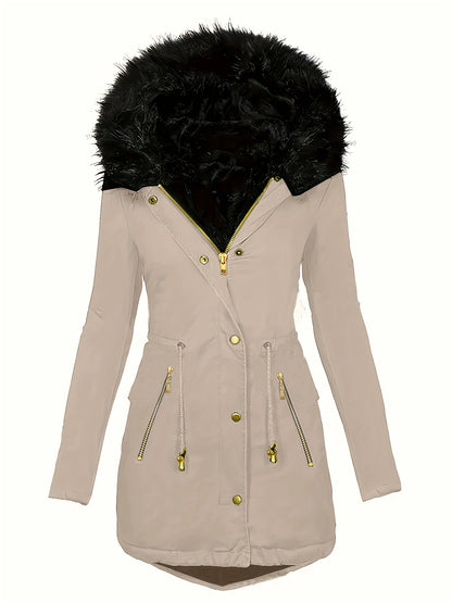 Zipper Faux Fur Decorative Hat Fur Coat Long Sleeve Oblique