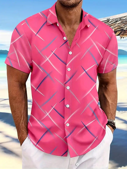 Summer New Men's Striped Feather Casual Beach Short Sleeve Button Shirt