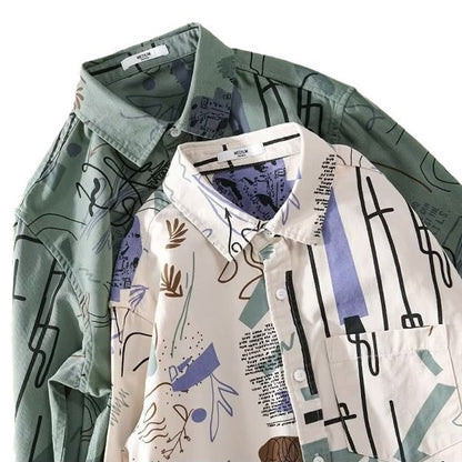 Hong Kong Style Fashion Men's Loose Printed Long Sleeve Shirt